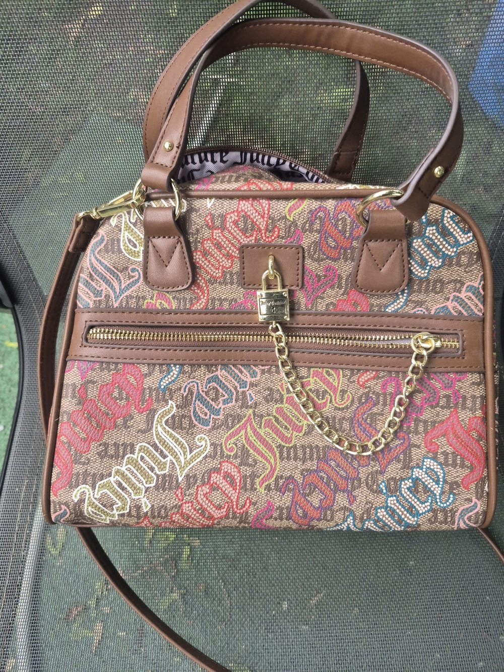 Juicy Couture Brown Multicolor Logo Satchel with Gold Chain